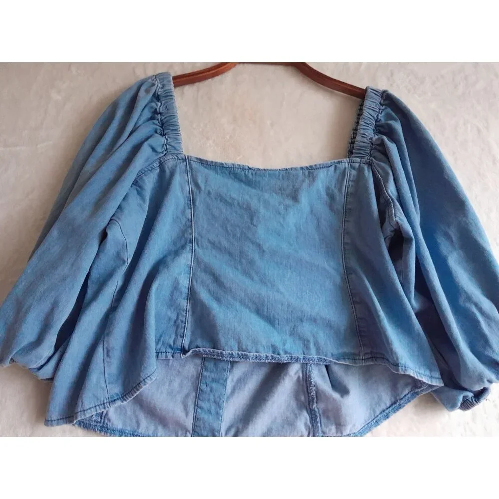 Womens XL Balloon Sleeve Peasant Boho Hippie Cropped Milkmaid Denim Blouse - Picture 3 of 7